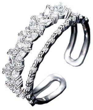 Auriselle Anello con zirconi per donna, zirconi lucidi doppio strato, apertura regolabile, stile lussuoso, misura regolabile, anello da pollice, gioielli per fidanzata, donna, ragazza, argento