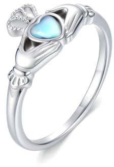 MUUYON Månsten-Claddagh-ringar 925 sterlingsilver irländsk Claddagh-hjärta-månsten-ring smyckesgåvor för kvinnor, Sterlingsilver, Månsten