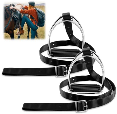 Otoolling 2 Pcs Stirrup Mounting Aid for Hose Riding 37-50 Adjustable Size Equestrian Step up Stirrup for Saddle Western with Nylon Strap Rubber Anti-Slip Pad Kid Horse Tack No Mounting Block