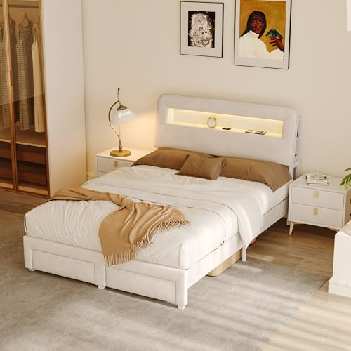 Säng 160 x 200 med bäddsoffa, dubbel vadderad säng med förvaringslåda, sänggavel med LED och USB-portar, 2 personer för vuxna och tonåringar, modern design, ingen madrass, sammet, beige