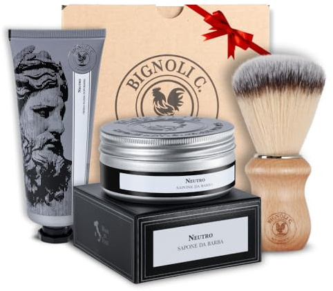 Bignoli Set Rasatura Tradizionale – Kit Barba Uomo - Sapone da Barba 175g + Crema Dopobarba 75ml + Pennello | Qualità Artigianale - Set Regalo Uomo