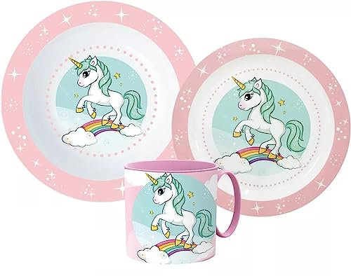 Palleon Einhorn Kinder-Geschirr Set – Teller, Müslischale & Tasse | BPA-frei, Wiederverwendbar & Mikrowellengeeignet | Perfekt für Mädchen & Jungen