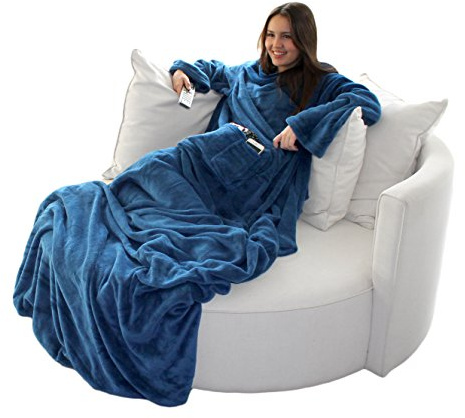 Brandsseller - Coperta per guardare la TV morbida con maniche a effetto cashmere, sacca copri piedi e 2 tasche, 150 x 180 cm, colore blu