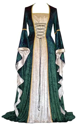 Feynman Robe rétro médiévale pour Femme - À Manches Trompette - Style Victorien, Renaissance, Gothique - Costume de Carnaval, de Princesse - pour Les fêtes, Halloween, Vert, L