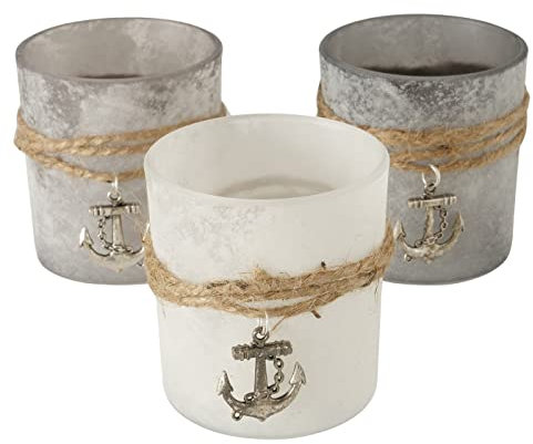 Seaside No.64 - Windlicht Kerzenglas 3er-Set - grau matt gepudert Glas - maritimes Design mit Anker - Geschenk Kerzenhalter - Teelicht Tischdekoration