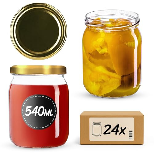 KADAX syltburkar 540 ml, konserveringsburkar med skruvlock, glas med skruvlock, konserveringsburkar, förvaringsburkar för insättning av gurkor (24 stycken, guld)