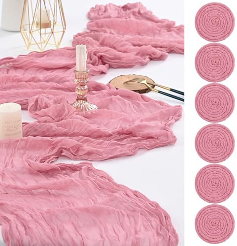 Lot de 6 Chemins de Table en étamine en Rose Poussiéreuse , 90 x 300cm en Tissu de Gaze Rustique, décoration de Table de Mariage Nappe pour fête de Mariage Fête d'anniversaire