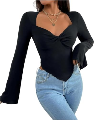 Rongseng Camiseta de Manga Larga para Mujer Crop Tops Sexy Slim Fit T Shirt Cuello Corazón Wist Frente Dobladillo Asimétrico Básico Top Elegantes Jersey Pullover Suave Camisa Moda Casual Streetwear