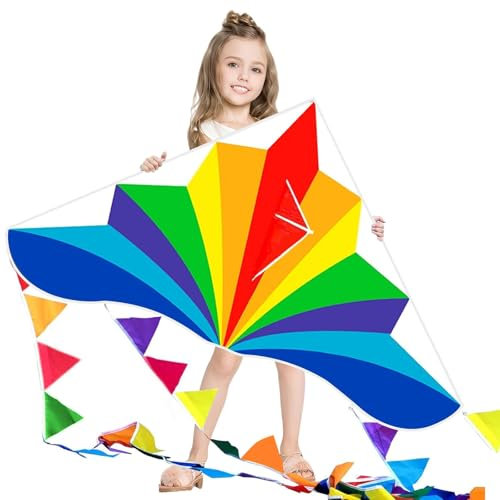 Flying Hoofer Einleiner Kinderdrachen – Regenbogen-Dreieck-Drachen, Sehr Leicht zu Fliegen, Ideal für Anfänger, Inklusive 300ft Drachenleine und 2 Flaggen-Schleppen.