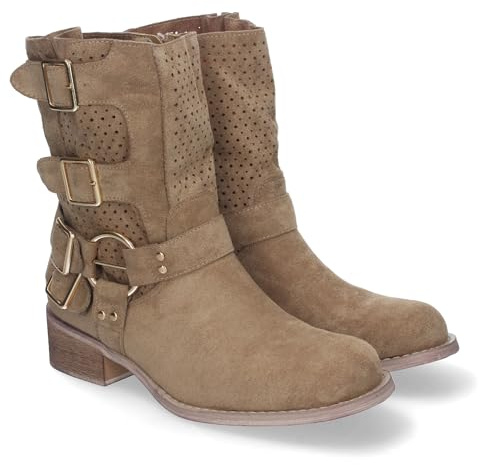 82496-Botines de Mujer con Tacon Bajo y Adornos de Hebillas, Cana Calada, Cremallera Lateral, Punta Redonda, Toda Ocasion. Talla 37 Kaki
