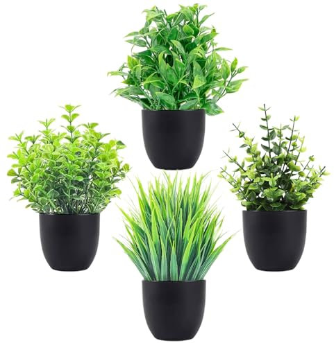 ASOENTIWOX 4Pcs Fake Plants Pots, Small Artificial Plants Indoor Outdoor, Desk Plants Mini Plant Pots for Desktop, Bathroom, Home Decor, 4 Different Shaped Plastic Plants