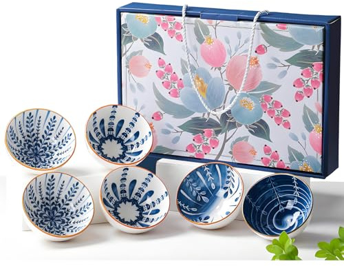 iDourer Rice Bowls 10oz, Japanese Style Bowls Set of 6 with Gift Box - Blue and White Ceramic Bowls for Soup, Dessert, Ice Cream, Snack - Kitchen Gifts for Women Christmas Gift