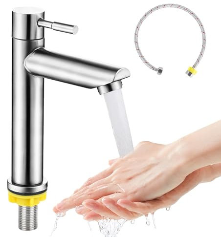 XCRPRT Robinet d'eau froide en acier inoxydable - Robinet de lavabo - Mitigeur monocommande avec tuyau de raccordement de 60 cm - Pour invités, WC, salle de bain, cuisine