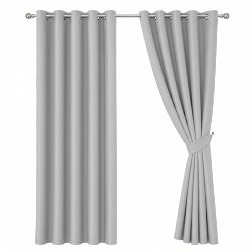 Oxford Homeware Blackout Eyelet Curtains for Bedroom 46x54 Inch Light Grey Curtains for Living Room Privacy Protection Window Curtains 2 Panels with Tiebacks