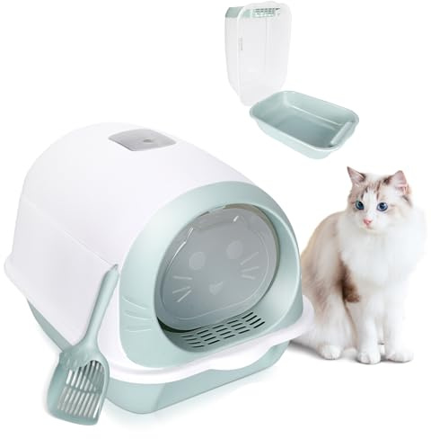 Masthome Enclosed Hooded Cat Litter Tray - Odour Control with Charcoal Filter - Anti-Spill Deep Lid Cat Litter Box - Front Litter Filter and Free Scoop Included - For Small and Medium Cats