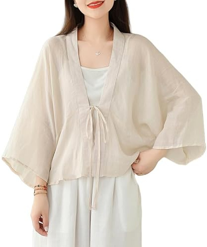 LIUYUYOUGO Cardigan Donna Cardigan da Donna in Lino con Nodo Frontale Kimono Oversize con Maniche A Pipistrello A 3/4 Mantelle Trasparenti Elegante Giacca Estiva Leggera Camicetta Tinta Unita Top al