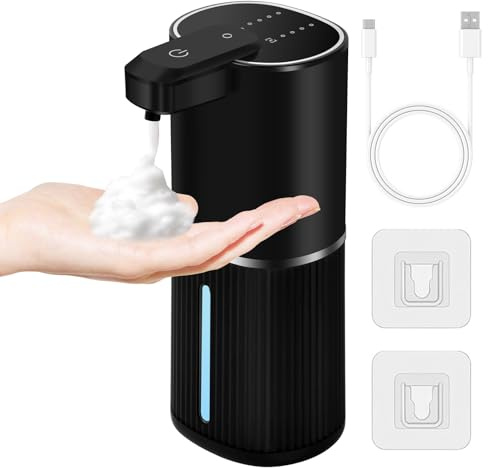 Dispensador de Jabón Automático,380 ml Espuma USB Recargable Dispensador Jabon Impermeable IPX5,4 Niveles Ajustables Dispensador Jabon Pared Sin Contacto para Baño Cocina Hotel (Espuma,Negro)