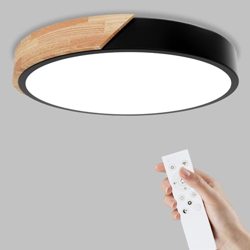 Yexati Plafonnier Bois,Plafond Dimmable 3000K-6000K,Plafonnier Led Télécommandé,32W Luminaire Moderne Pour Le Salon, La Chambre Et Le Couloir, 30CM，Noir