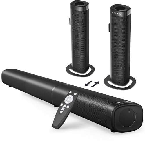 Puriom Sound Bar for Smart TV, 100W Sound Bar with Bluetooth 5.3/ARC/Opt/AUX Connect, 2-in-1 Detachable Home Soundbar, Home Theater Speaker & Bass Effect, for TV/PC/Projectors