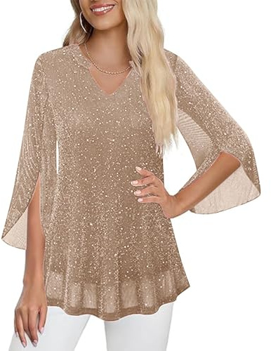 Blouse Femme Chic Et Élégant À Paillettes Chemisier Habillé Décontracté Manches 3/4 À Volants Tunique À Paillettes Ample Et Fluide Tee Shirts Brillant Chic pour Fête Soiree Disco