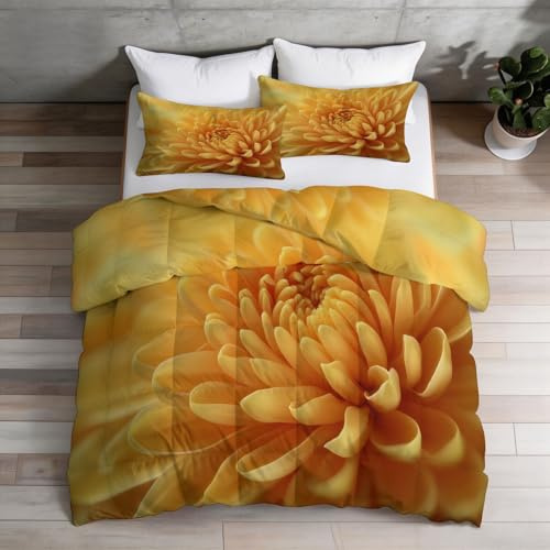Blomma täcke utan överdrag 155 × 220 cm, 4 säsonger täcke gul med elegant blomblad tusensköna design – tvättbar varm och mjuk året runt täcke med 2 örngott 80 x 80 cm