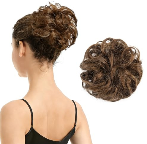 100% Human Hair Scrunchies, BARSDAR Curly Messy Bun Hairpiece Extensions Wedding Hair Pieces for Women Messy Bun Real Hair Updo Donut Chignons 6#-Medium Chestnut Brown