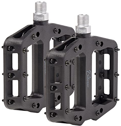 Bikeroo Black Mountain Bike Pedals - MTB Platform w/Threaded Grip Pins - Nylon Fiber & Steel Axle - 9/16 Spindle - Trail, Dirt, Mud, Road