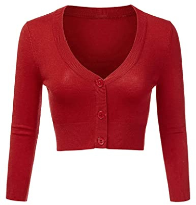 Irevial Cardigan Bolero Mujer Manga Larga Elegante Cardigan Corto con Botones Primavera Chaqueta Corta Cuello V Ligera Rebecas Verano Rojo, S