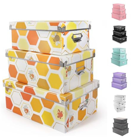 XUCHUN Plastic Decorative Storage Plastic Box with Lids for Closet,Foldable Storage Bins, 3 Pack/Set