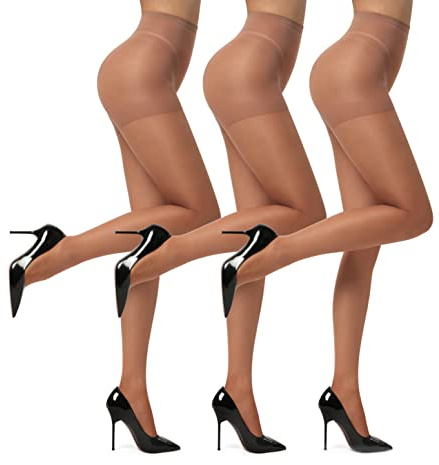 EVERSWE 3 Pairs 20D Women's Sheer Tights with Reinforced Toes (Brown, M)