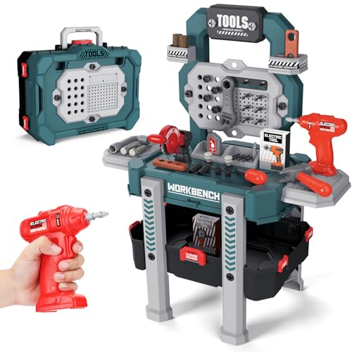 Kids Tool Bench Set with Electric Drill and Realistic Tool, Play Kids Workbench Toy, Construction Workbench Playset Toy for Toddler 3-5, Easy Set up, Boys and Girls Toys, Green, Large Size