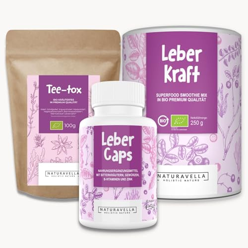 NATURAVELLA Premium Leber-Set | Bio Heavy Metal Superfood Smoothie, Bio-Bittertee und Bitterkapseln mit Vitaminen und Zink | perfekt kombiniert als 3er-Set zum Vorteilspreis