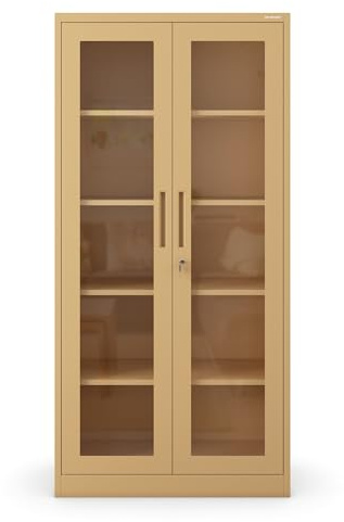 Jan Nowak Armario de Oficina Archivador C012 Armario Metálico Vitrina de Cristal 4 Estantes Pintura en Polvo Metal 185 cm x 90 cm x 40 cm Beige