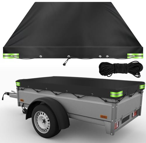 Anhängerplane Flachplane mit Planenseil, 209x115x10cm Anhänger Abdeckplane Verstärktes 420D Oxford Material Wasserfest Winddichte Reißfeste Anhänger Plane Abdeckung für PKW Autoanhänger (Schwarz)