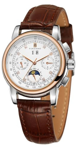 FORSINING Wasserdichte automatische Business-Armbanduhr für Damen, Kalender, selbstaufziehend, Edelstahl, Mondphasen-Armbanduhr, rot, Armband