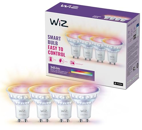 WiZ GU10 Smart LED glaslampa - 50W GU10 ersättare, klassisk stil med 16 miljoner färger, Wi-Fi/Bluetooth, röst- / appkontroll, fungerar med Google Home, Alexa och HomeKit, 4-pack