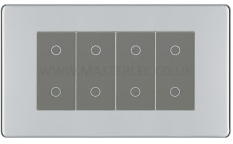 BG FPCTDM4G Polished Chrome Screwless 4 Gang Quad Master Touch Dimmer Switch Grey Inserts