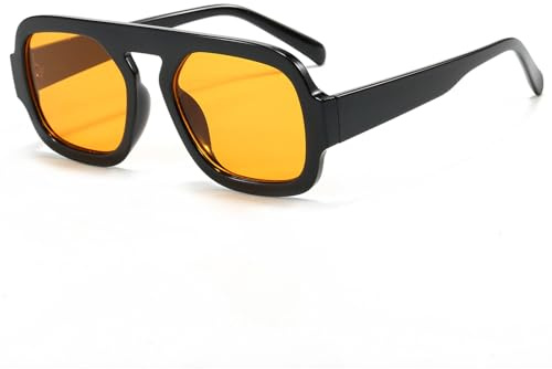 Long Keeper Gafas de Piloto Cuadradas Vintage para Mujer Hombre Gafas de Sol Piloto Años 70 Gafas de Sol Retro Protección UV400 para Viaje Conducir, 65MM (Montura Negro - Lente Naranja)