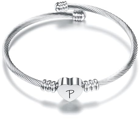 Suonie Plata Amor Corazón 26 Letra Inicial Alfabeto A-Z Pulsera Joyería Regalo Ajustable Para Hija Hijo Hermanas Amigos Madre Colega Amante Cumpleaños Navidad (P)