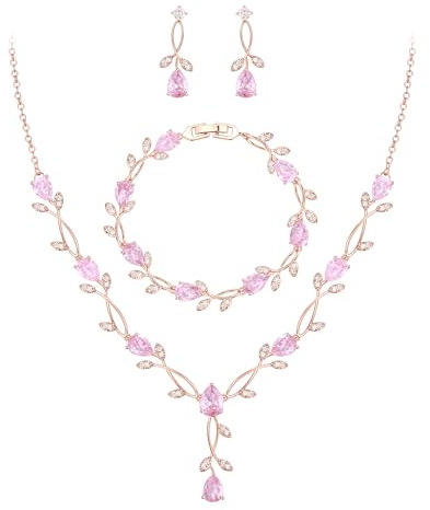 EVER FAITH Bröllopssmycken för brud brudtärna tårdroppe kubisk zirkonia blad vinstockar brud bal halsband dingla örhängen armbandsset för kvinnor