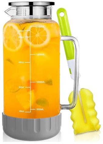 Carafe à eau en verre de 2000 ml avec couvercle et base en silicone antidérapant, carafe à eau précise pour lait, jus, café, sangria, boissons froides ou chaudes