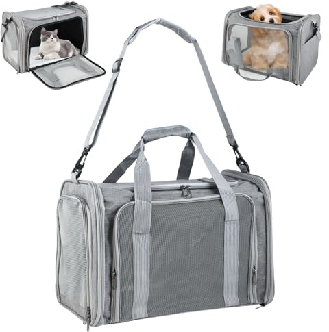 Transportín Perro Plegable – Bolso Gato Transpirable – Bolso Perro Pequeño con Correa para Viajes y Coche (Gris)