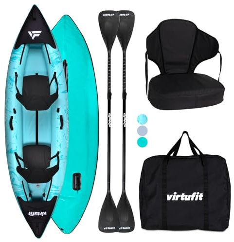 VirtuFit Kajak 335 Aufblasbar – 2 Personen + Option für 3. Sitz – inkl. 2 Paddel, Handpumpe, 2 Kajaksitze, Tragetasche & 2 Finnen – für Meer, Fluss & See – stabile Konstruktion – 335 cm – Türkis