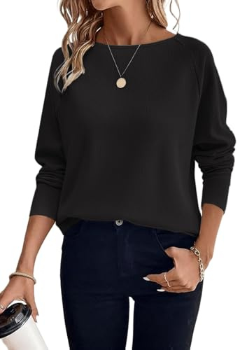 YUTILA Jersey de punto para mujer con cuello redondo – Suéter de manga larga suelto con aspecto de punto fino, Negro , XXL
