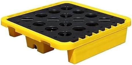 Robust, modulär uppsamlingsbricka med dräneringsbehållare – 72 x 72 x 16 cm, gul-svart randig, lämplig för industri och hushåll, den ultimata lösningen för att undvika spill.