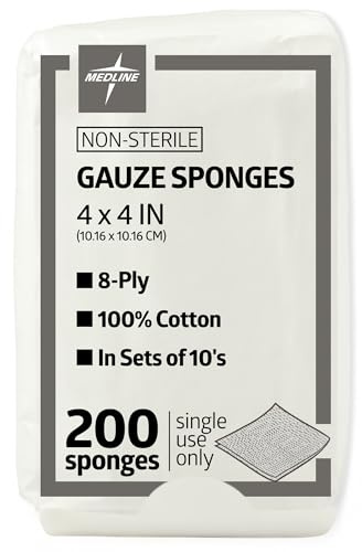Medline 4 x 4 inch Gauze Sponges, 100% Cotton, 8-Ply Woven Non-Sterile Gauze (Pack of 200)