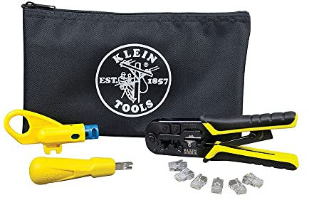 Klein Tools VDV026-212 Koaxial-Einbauset mit Crimpwerkzeug, Kabelschneider, Abisolierzange und F-Steckern mit Aufbewahrungstasche