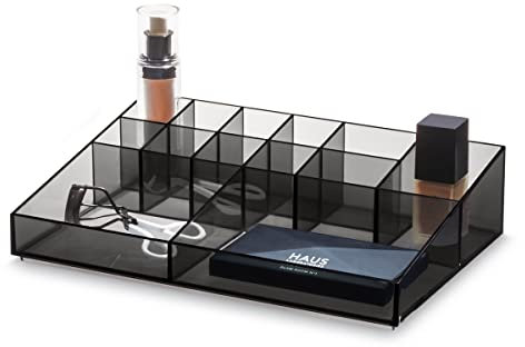 iDesign Porta Trucchi, Porta Pennelli Make Up con 13 Scomparti della Collezione Firmata da Sarah Tanno, Portatrucchi Trasparenti in Plastica per Rossetti e Palette, Grigio, 30.5 x 20.3 x 7.5