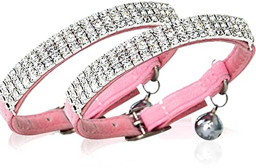 CHUKCHI Katzenhalsband aus weichem Samt, verstellbar, mit Glitzersteinen und Glöckchen, 27,9 cm, für kleine Hunde und Katzen, Rosa, 2 Stück