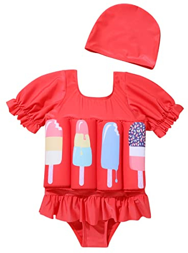 Kids Baby Girls Float Suit Ice Cream Floatation Swimsuit with Adjustable Buoyancy Bathing Swimwear Toddler One Piece Swimming Suit Summer Swim Vest Jacket Ruffle Tutu Swim Dress Red Ice Cream 2-3T
